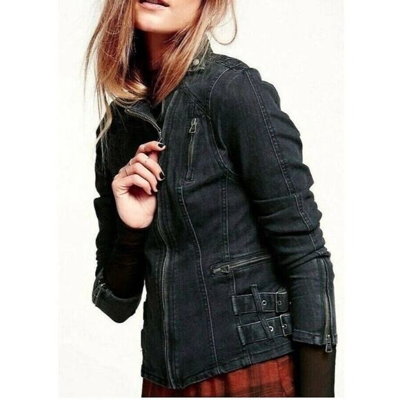 Free People Womens Buckle Strap Denim Moto Jacket Size 0 Black Fade Baddie Punk - Picture 2 of 12